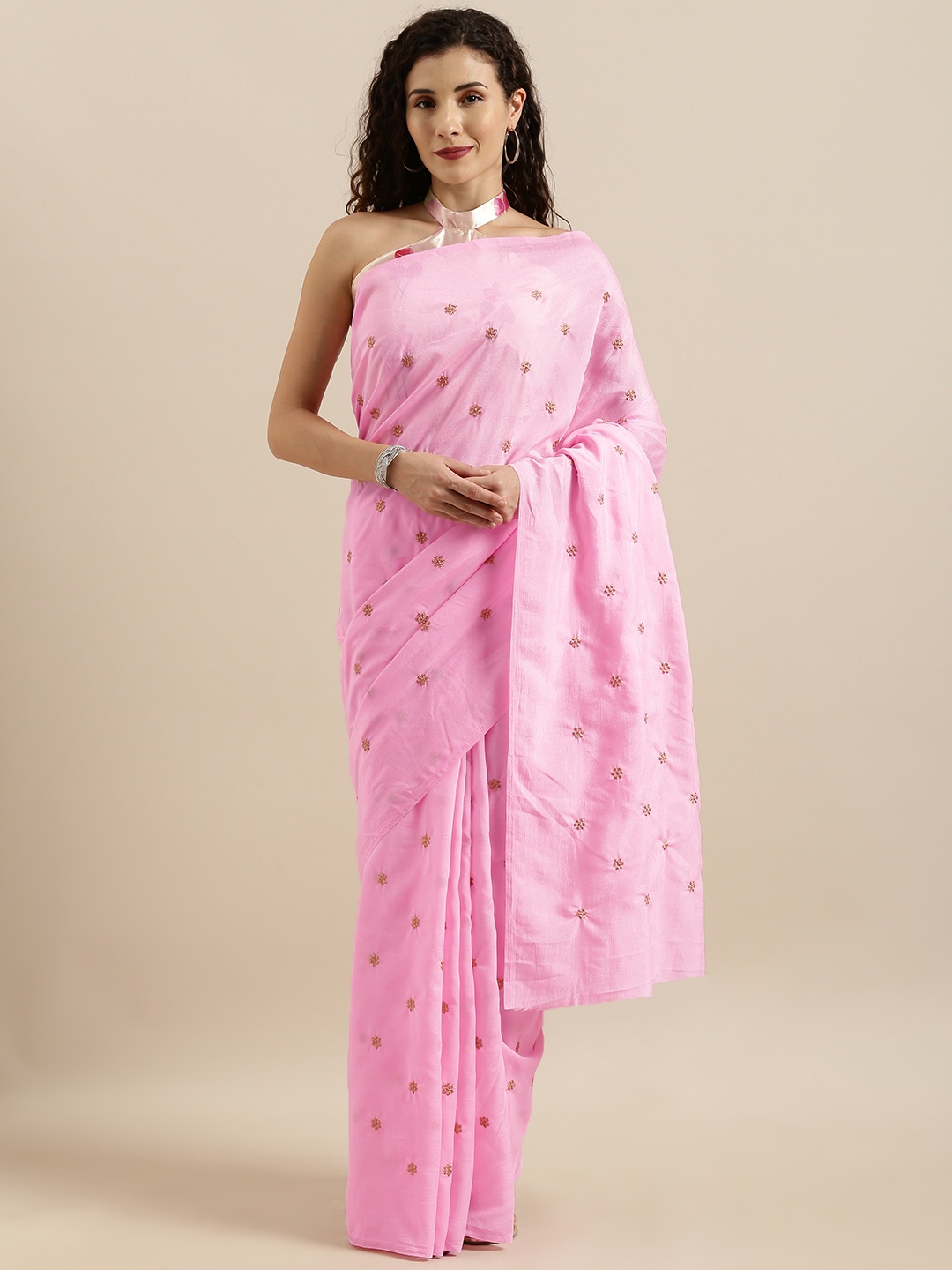 

SHAVYA Pink & Gold-Coloured Silk Blend Embroidered Saree