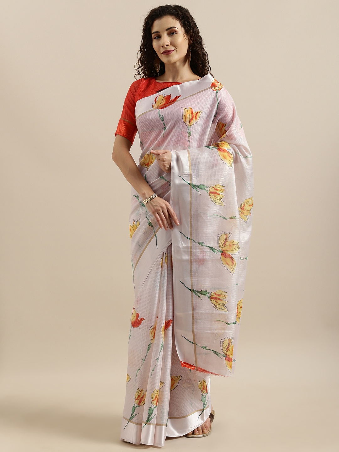 

SHAVYA White & Yellow Linen Blend Printed Saree