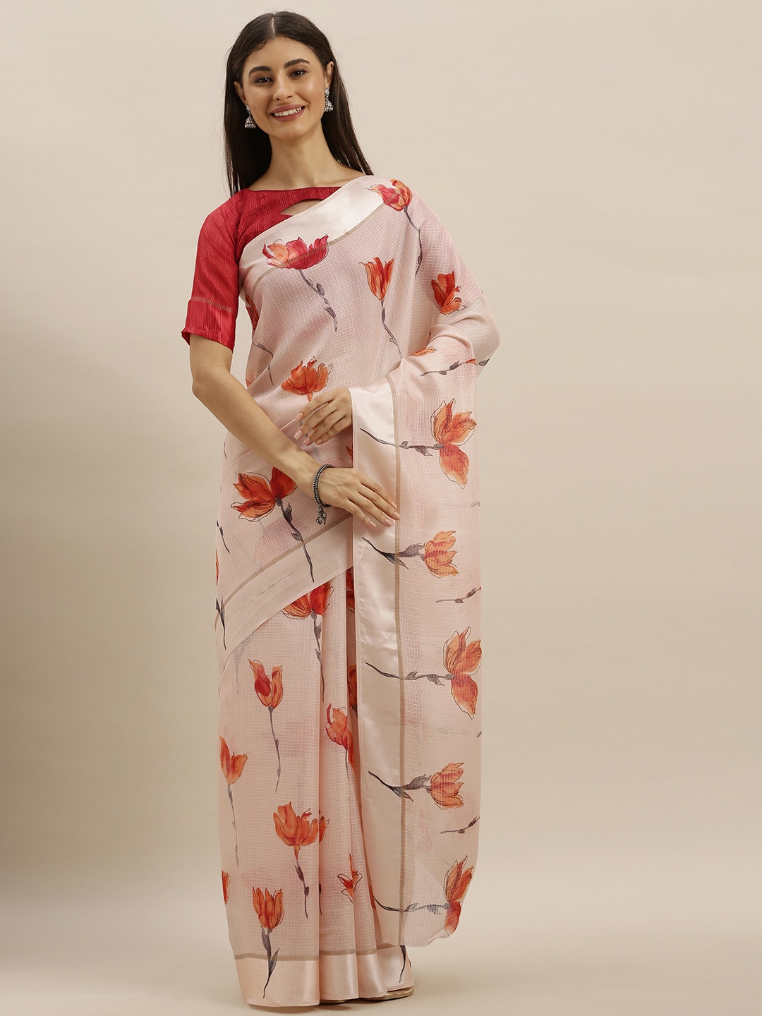 

SHAVYA Peach-Coloured & Red Linen Blend Printed Saree