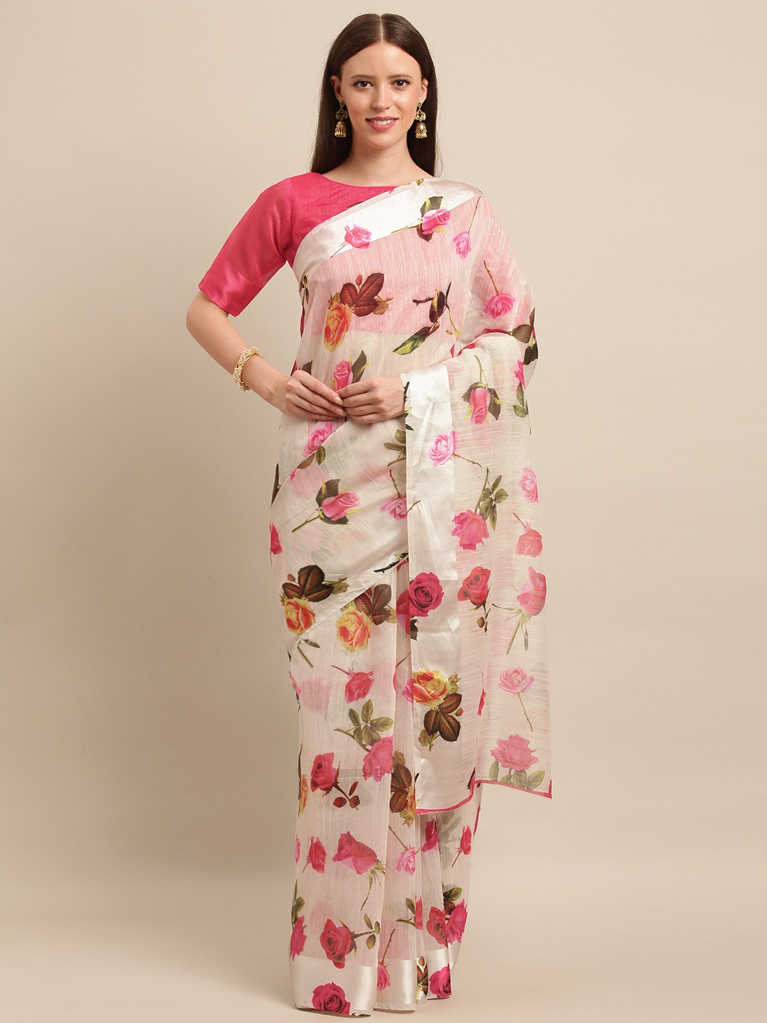 

SHAVYA White & Pink Linen Blend Floral Printed Saree