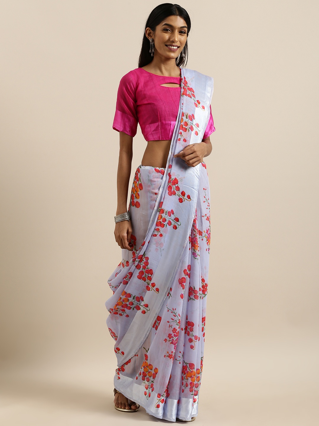 

SHAVYA Lavender & Pink Linen Blend Printed Saree