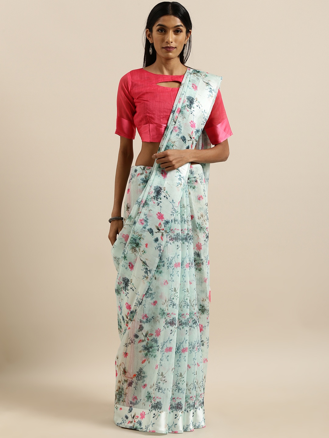 

SHAVYA Green & Pink Linen Blend Floral Printed Saree