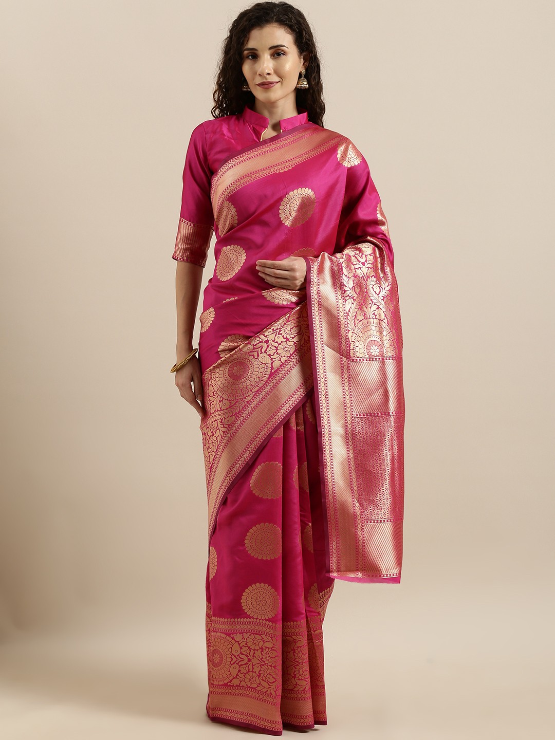 

SHAVYA Pink & Gold-Toned Pure Silk Woven Design Banarasi Saree