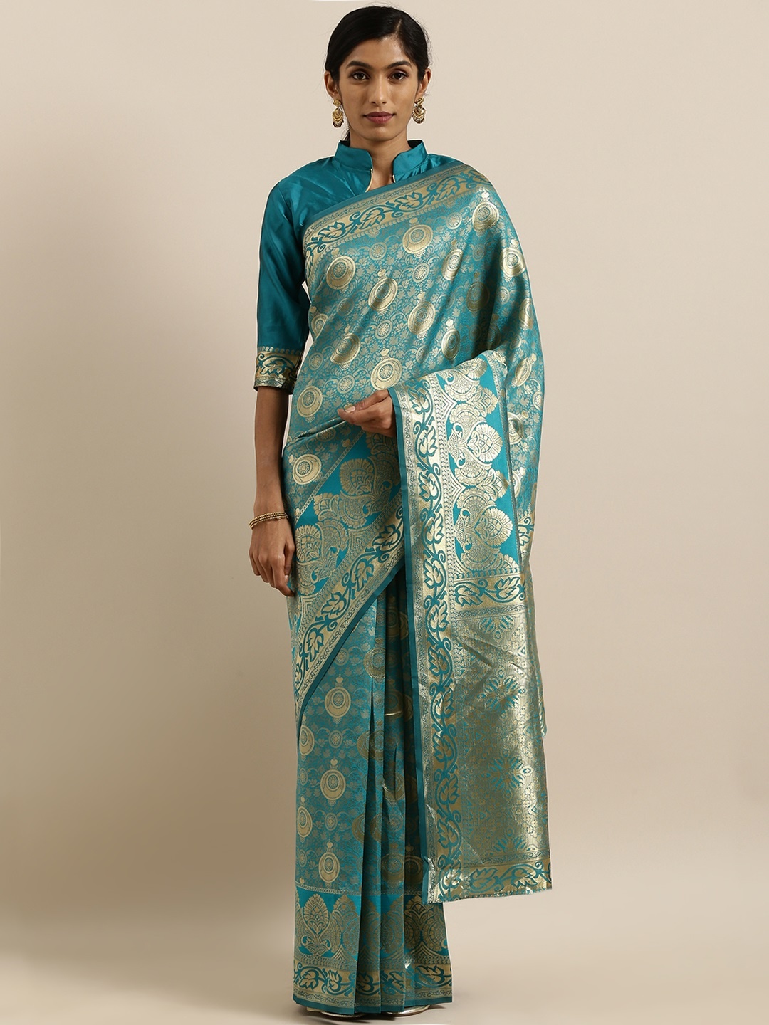 

SHAVYA Turquoise Blue & Gold-Coloured Pure Silk Woven Design Banarasi Saree