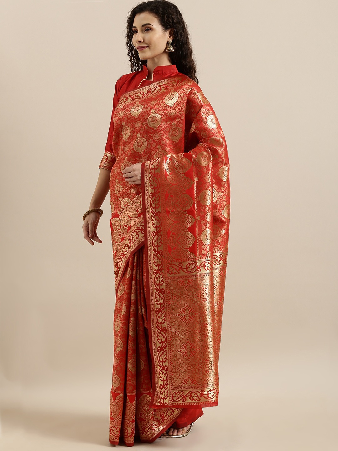 

SHAVYA Red & Gold-Toned Pure Silk Woven Design Banarasi Saree