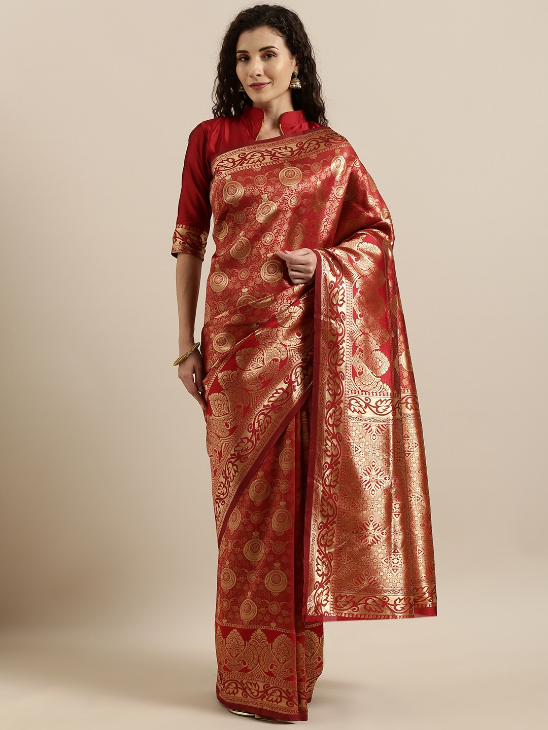 

SHAVYA Maroon & Gold-Toned Pure Silk Woven Design Banarasi Saree