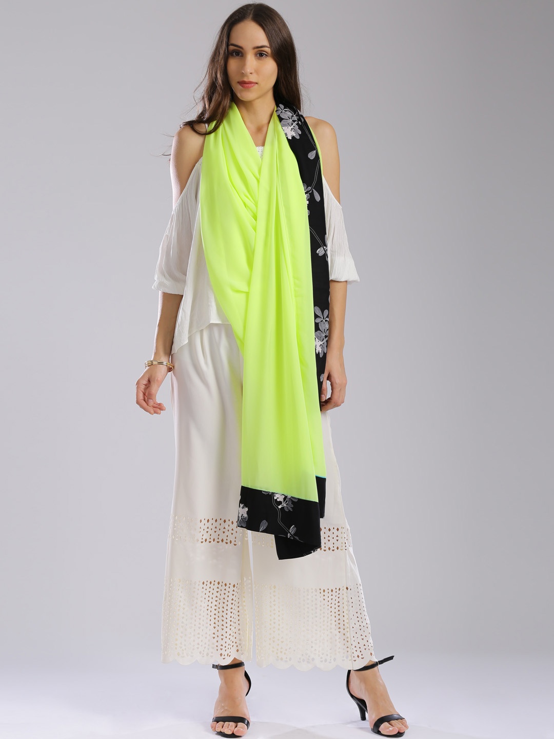 

W Lime Green Solid Dupatta with Printed Detail