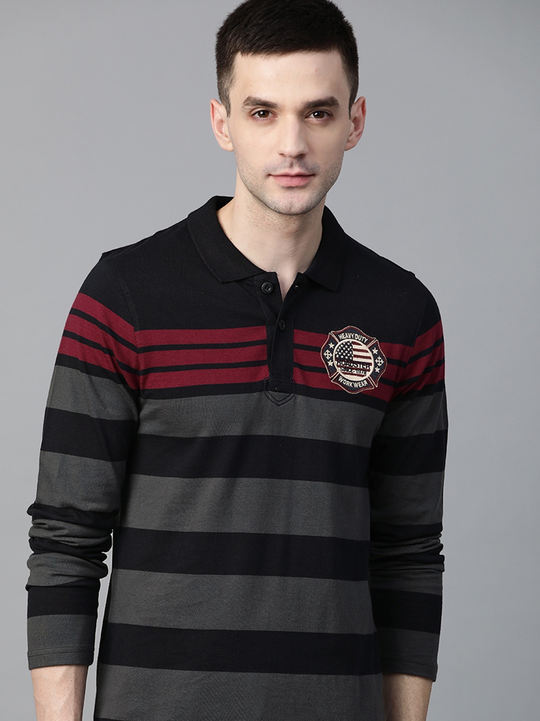 

Roadster Men Black Charcoal Grey Striped Polo Collar Pure Cotton T-shirt