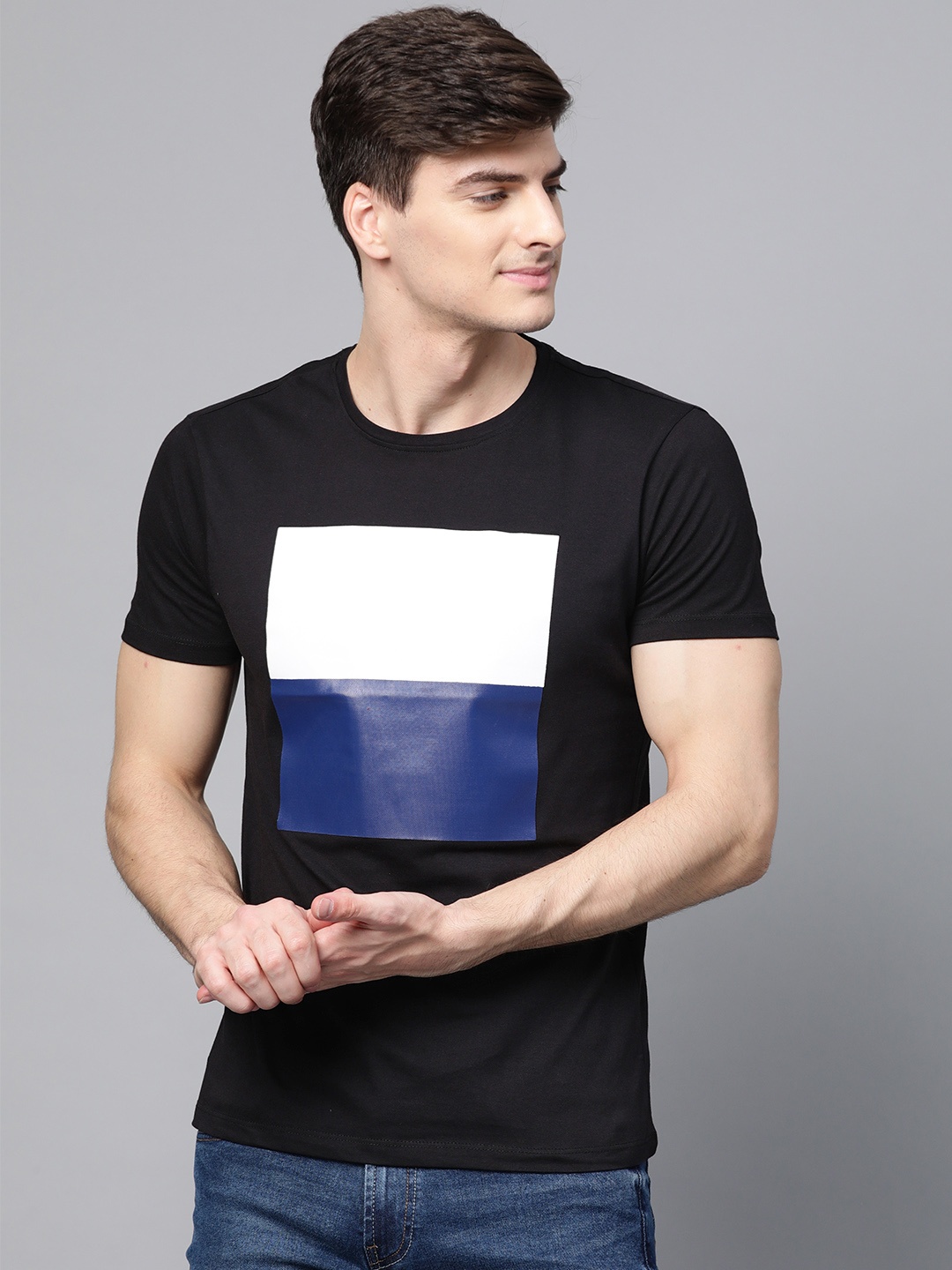 

ManQ CASUAL Men Black Printed Round Neck T-shirt