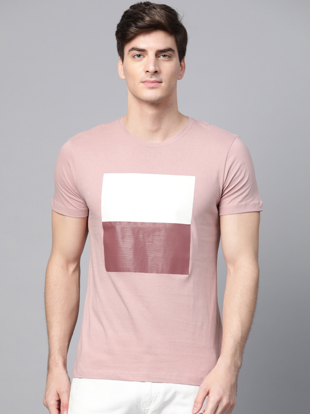 

ManQ CASUAL Men Dusty Pink & White Printed Round Neck T-shirt