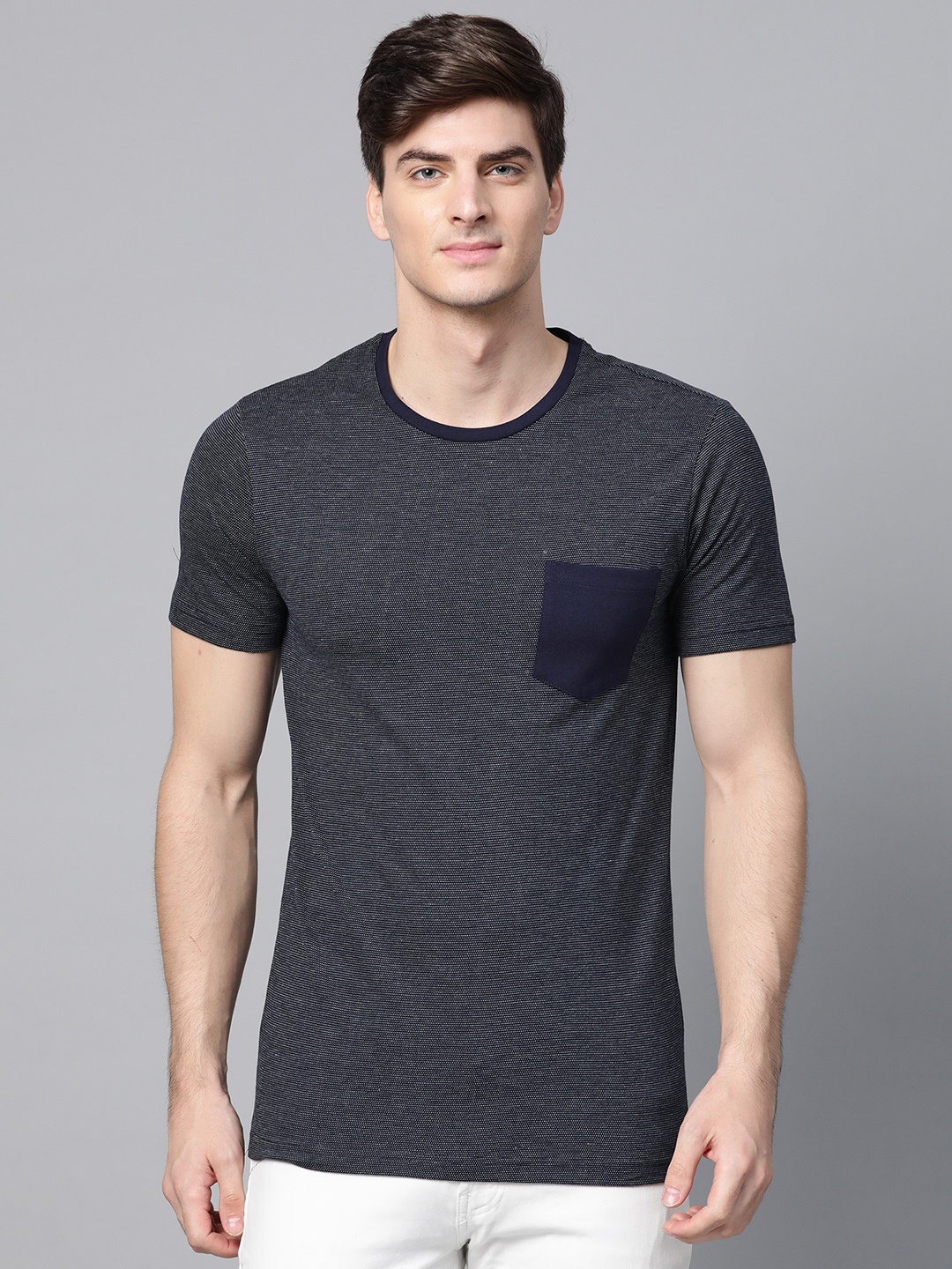 

ManQ CASUAL Men Navy Blue Self Design Round Neck T-shirt