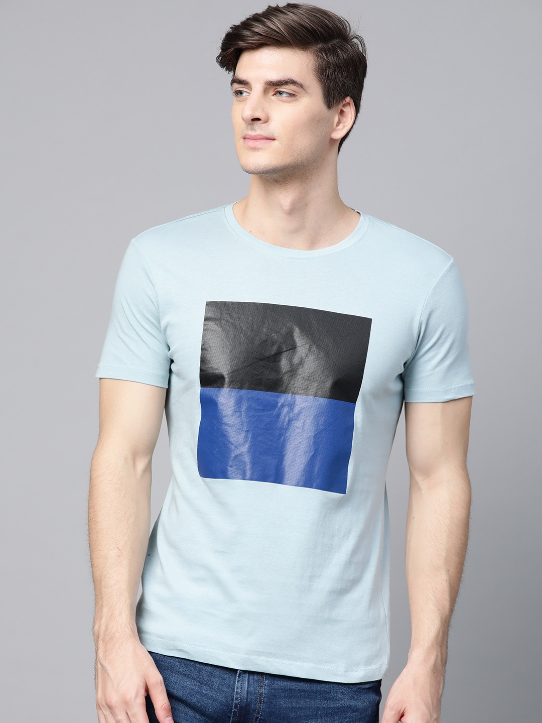 

ManQ CASUAL Men Blue Printed Round Neck T-shirt