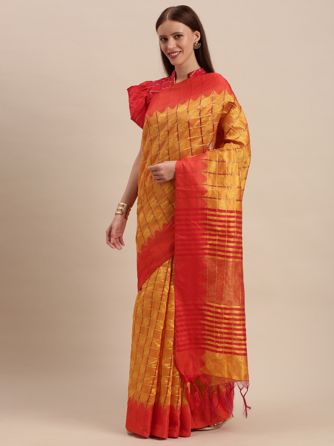 

Mitera Mustard & Red Cotton Blend Woven Design Kanjeevaram Saree