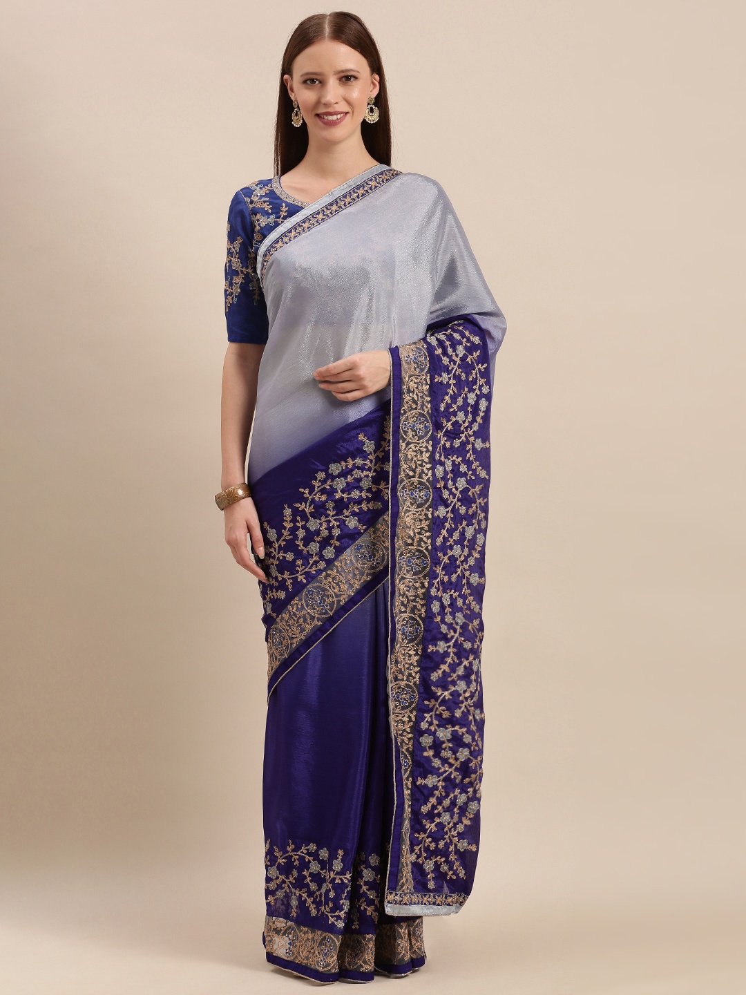 

Mitera Blue Solid Ombre Embroidered Silk Blend Saree