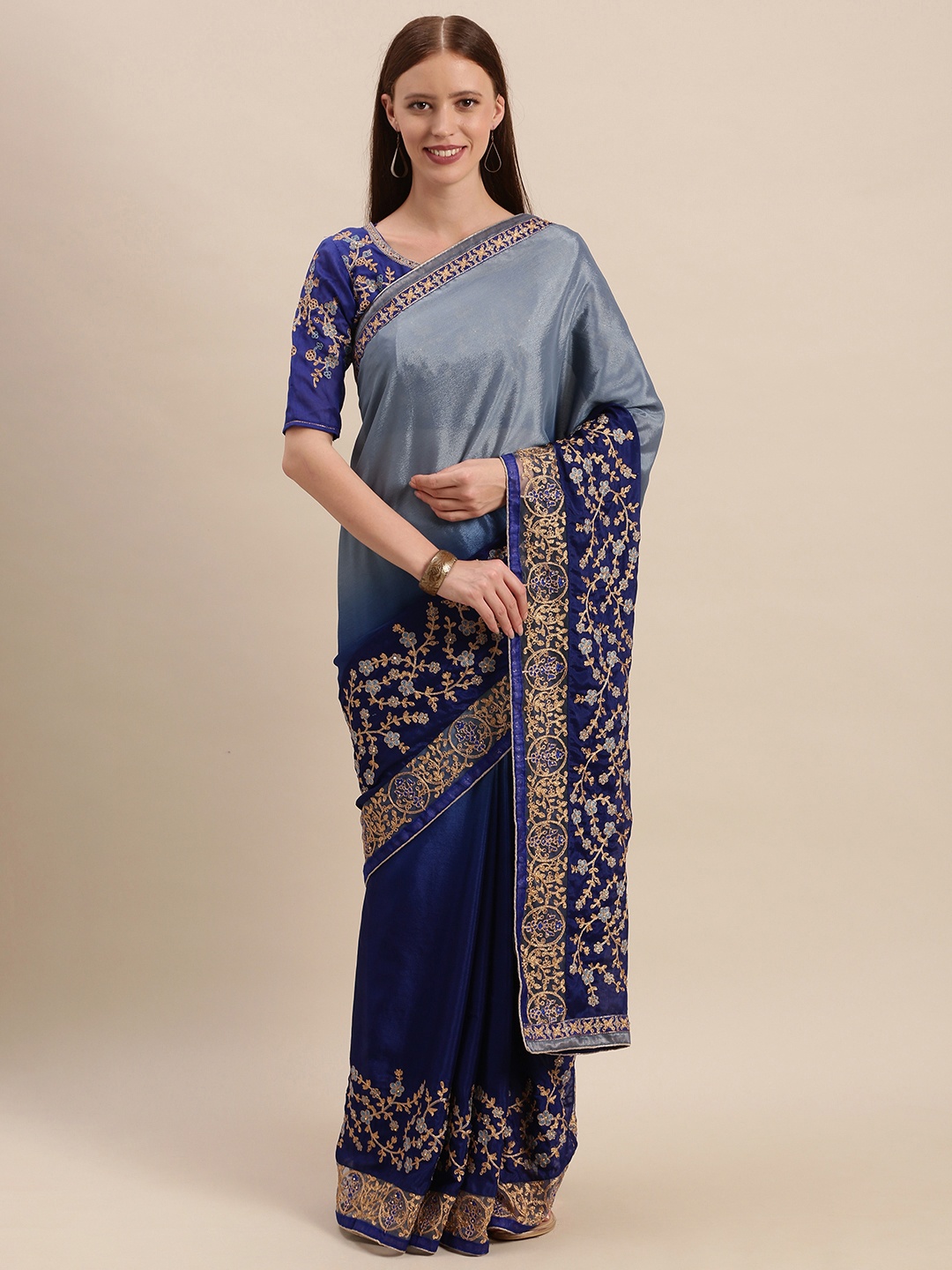 

Mitera Blue & Grey Silk Blend Embroidered Saree