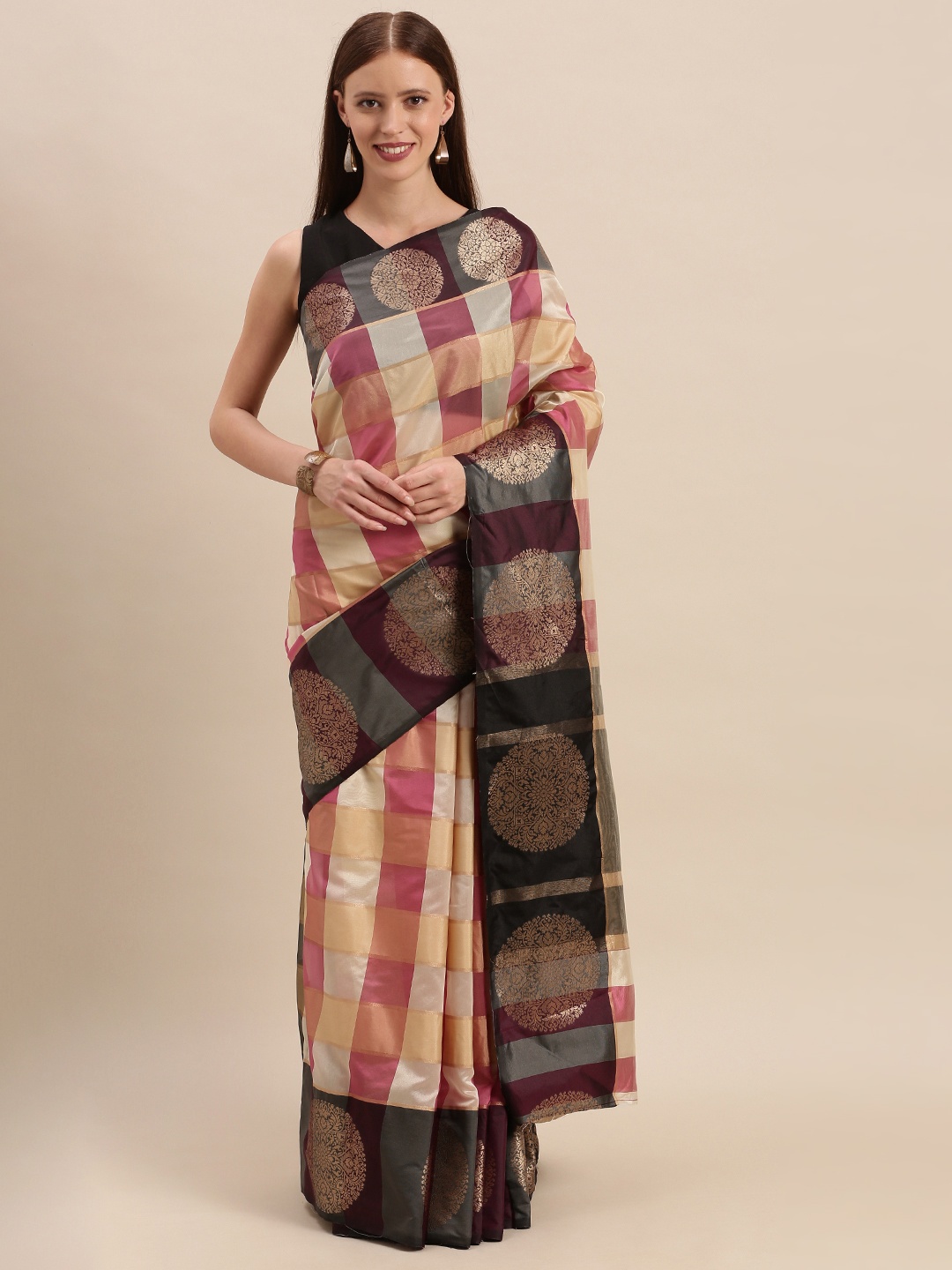 

Mitera Pink & White Cotton Blend Checked Kanjeevaram Saree