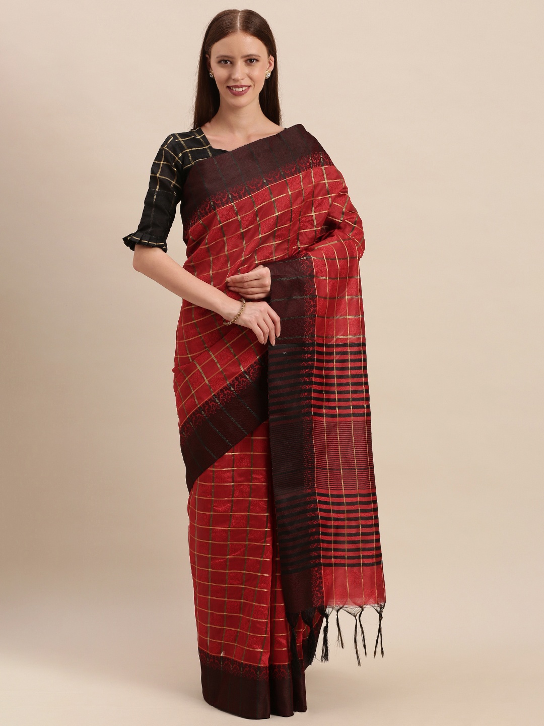 

Mitera Maroon & Black Cotton Blend Checked Saree