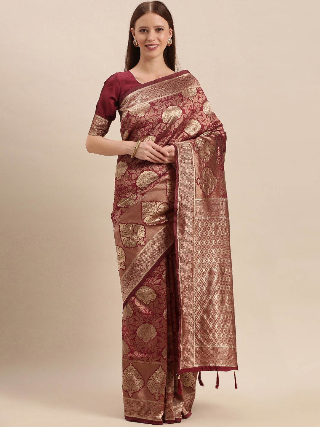 

Mitera Maroon & Gold-Coloured Silk Blend Woven Design Kanjeevaram Saree