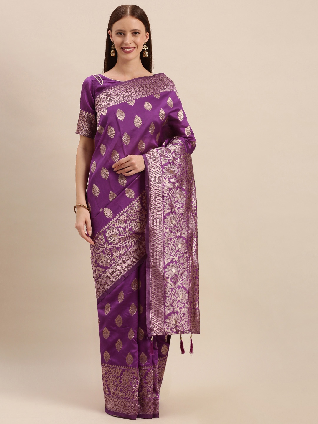 

Mitera Purple Silk Blend Woven Design Kanjeevaram Saree