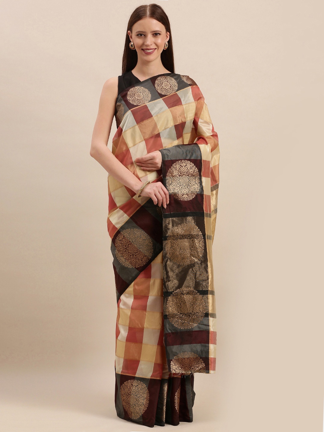 

Mitera Peach-Coloured & Off-White Cotton Blend Checked Kanjeevaram Saree