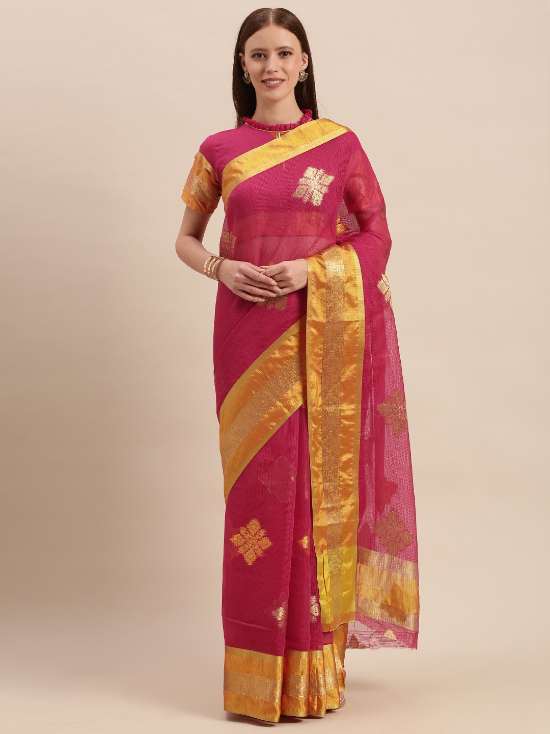 

Mitera Pink Cotton Blend Woven Design Kota Saree
