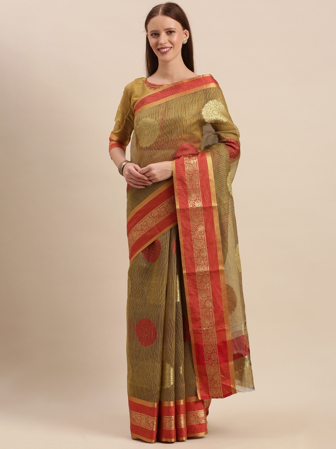 

Mitera Mustard & Gold-Toned Cotton Blend Woven Design Kota Saree