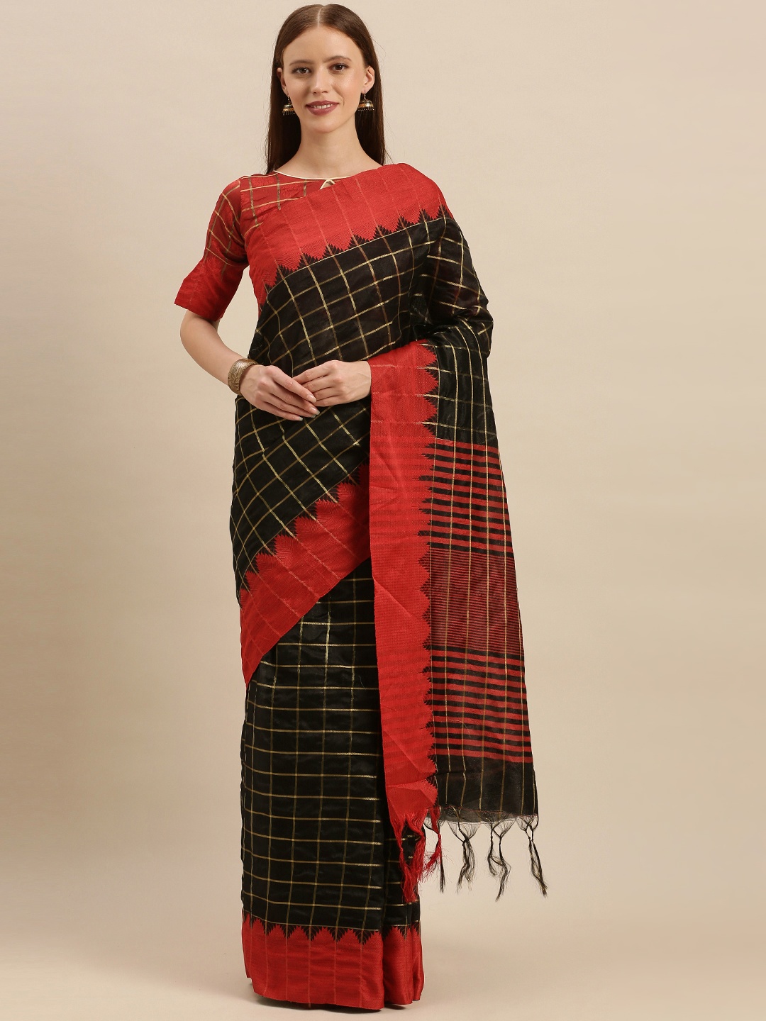 

Mitera Black & Red Cotton Blend Checked Kanjeevaram Saree