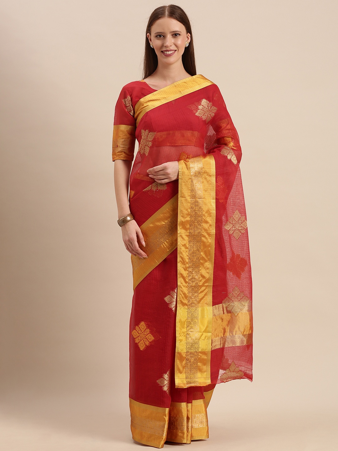 

Mitera Red & Gold-Toned Cotton Blend Woven Design Kota Saree