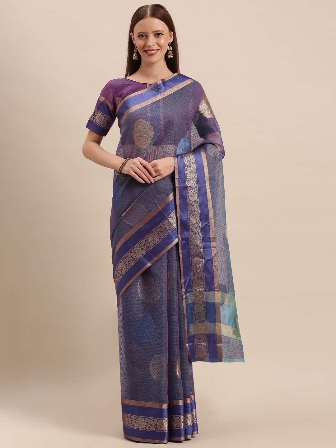 

Mitera Blue & Golden Cotton Blend Woven Design Kota Saree