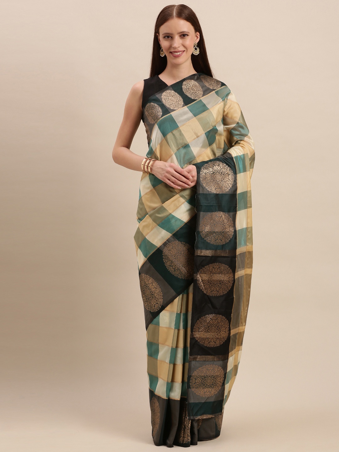 

Mitera Off-White & Blue Cotton Blend Checked Kanjeevaram Saree