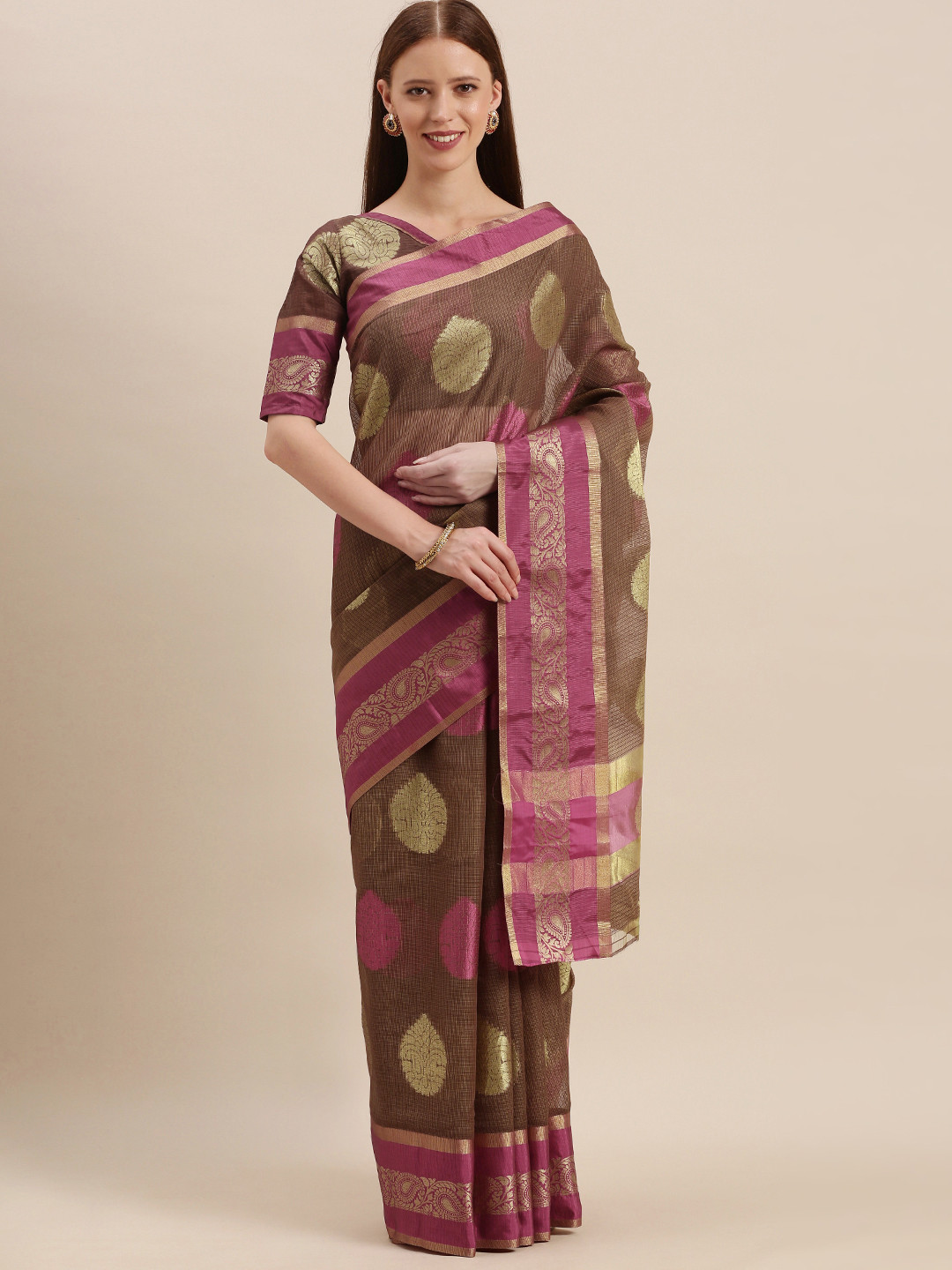 

Mitera Coffee Brown & Pink Cotton Blend Woven Design Kota Saree
