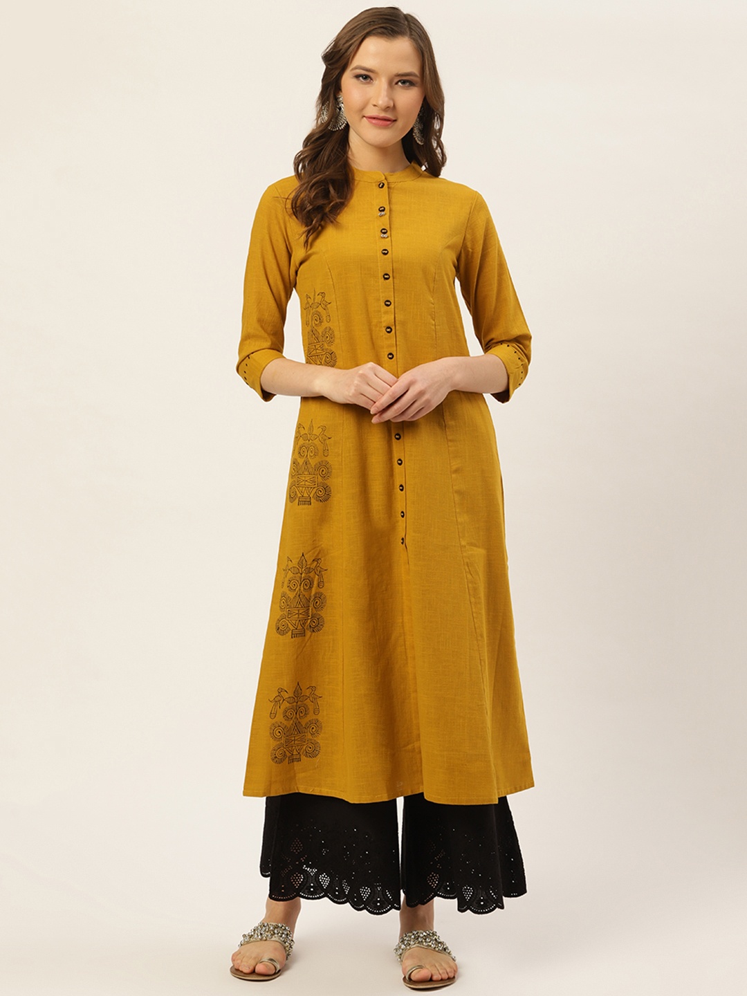 

fabGLOBAL Women Mustard Yellow & Black Block Print A-Line Kurta