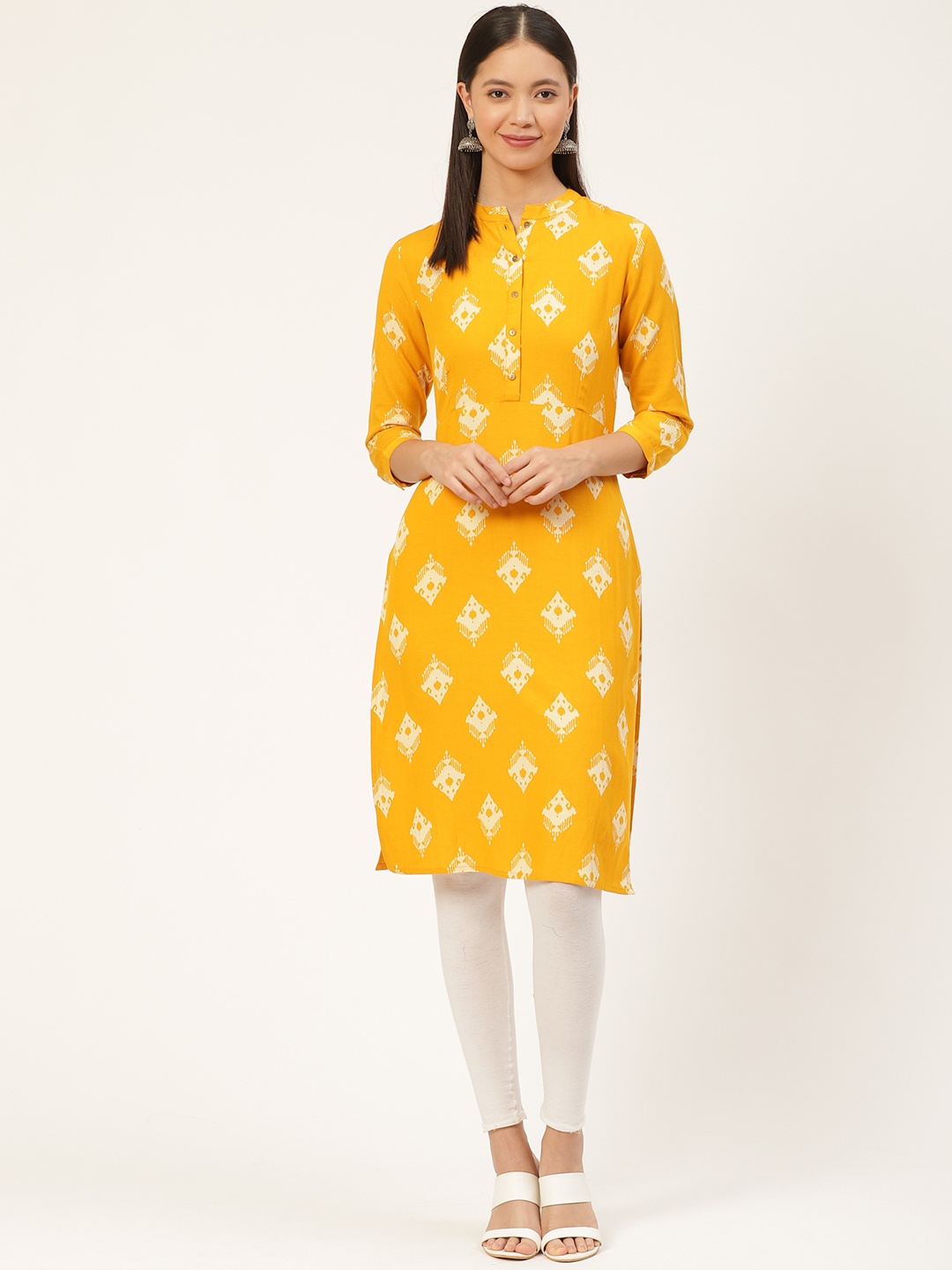 

fabGLOBAL Women Mustard Yellow & Beige Printed Straight Kurta