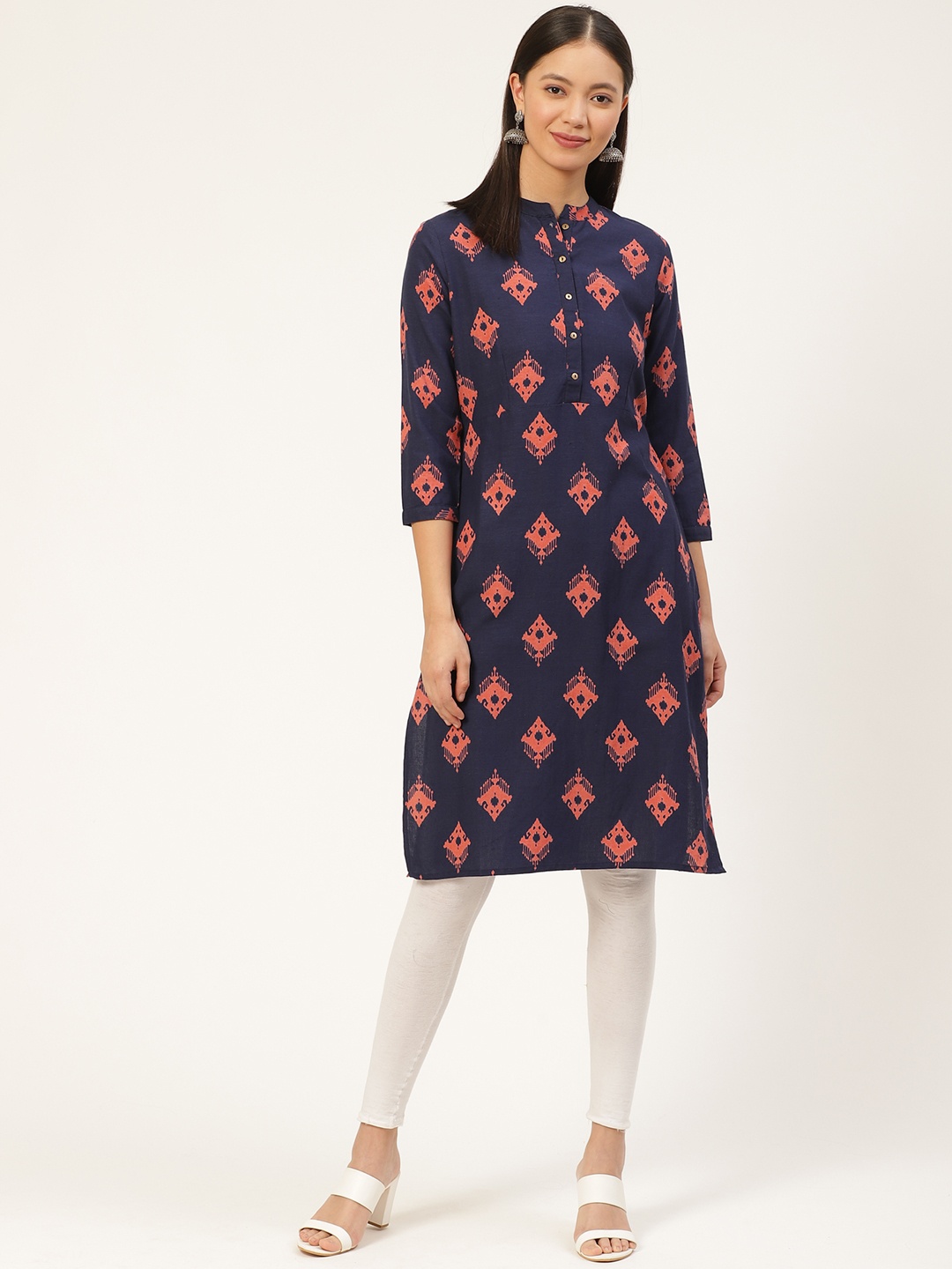 

fabGLOBAL Women Navy Blue & Peach-Coloured Printed Straight Kurta