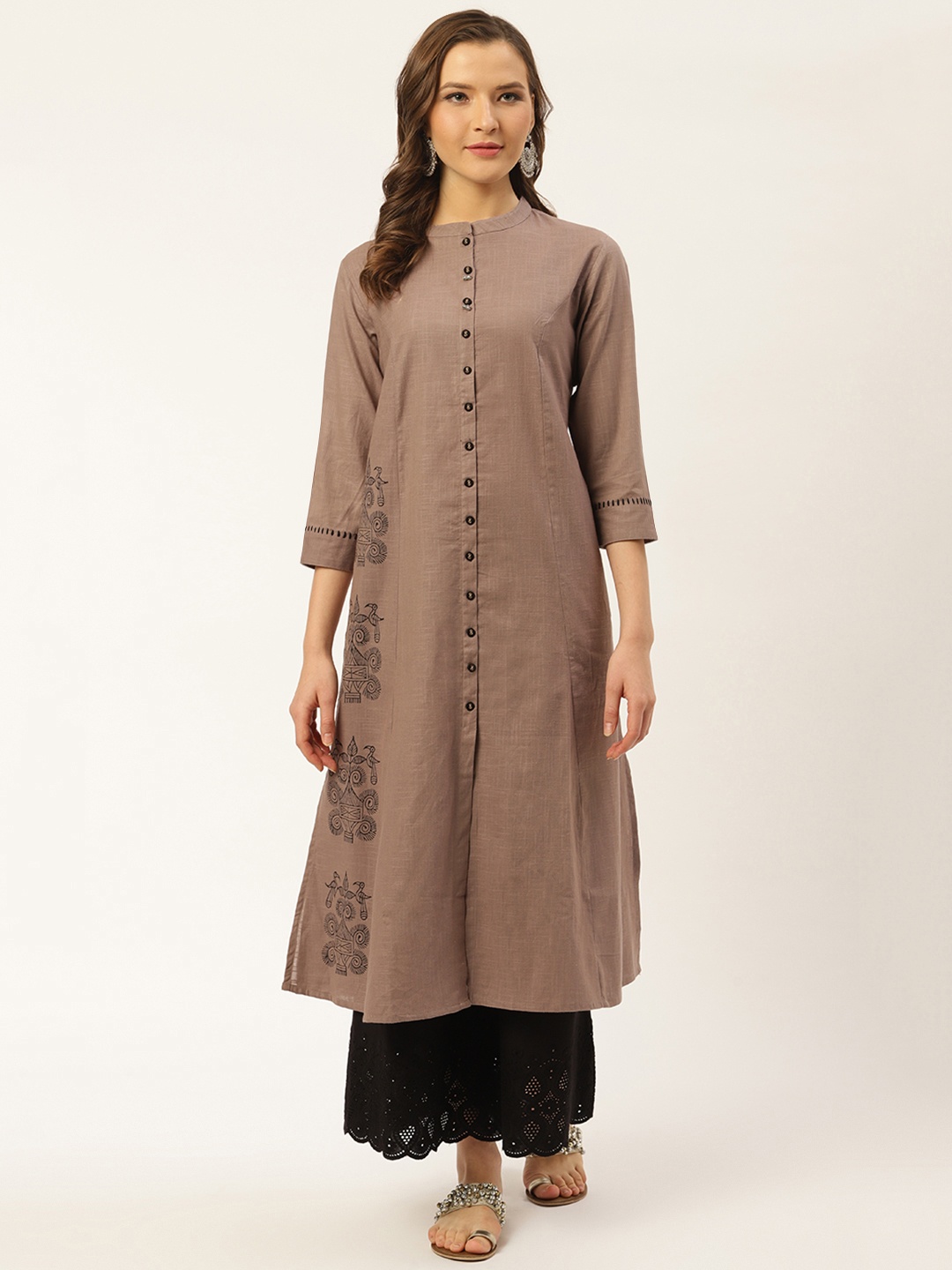 

fabGLOBAL Women Grey & Black Block Print A-Line Kurta