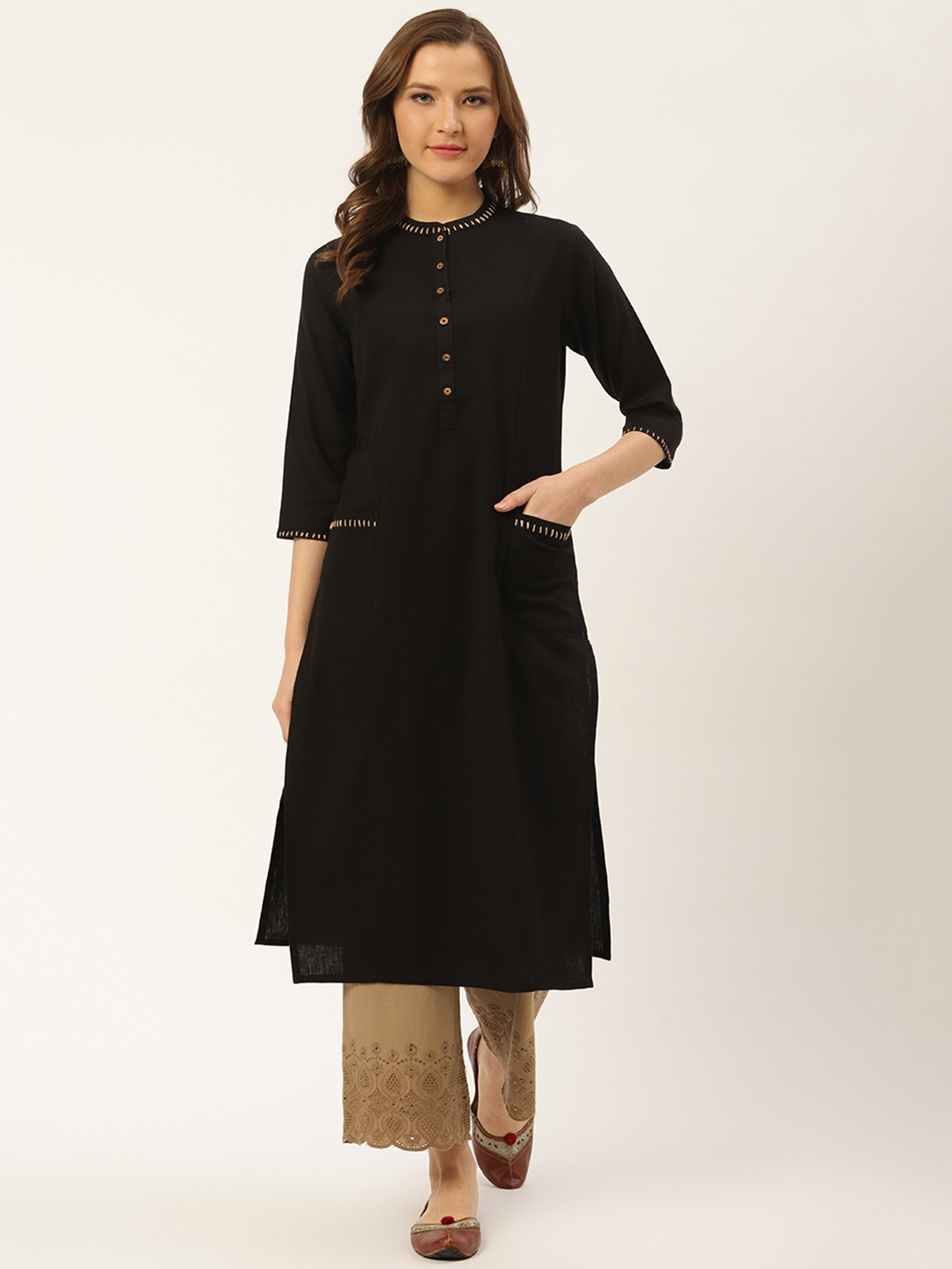 

fabGLOBAL Women Black Solid Straight Kurta