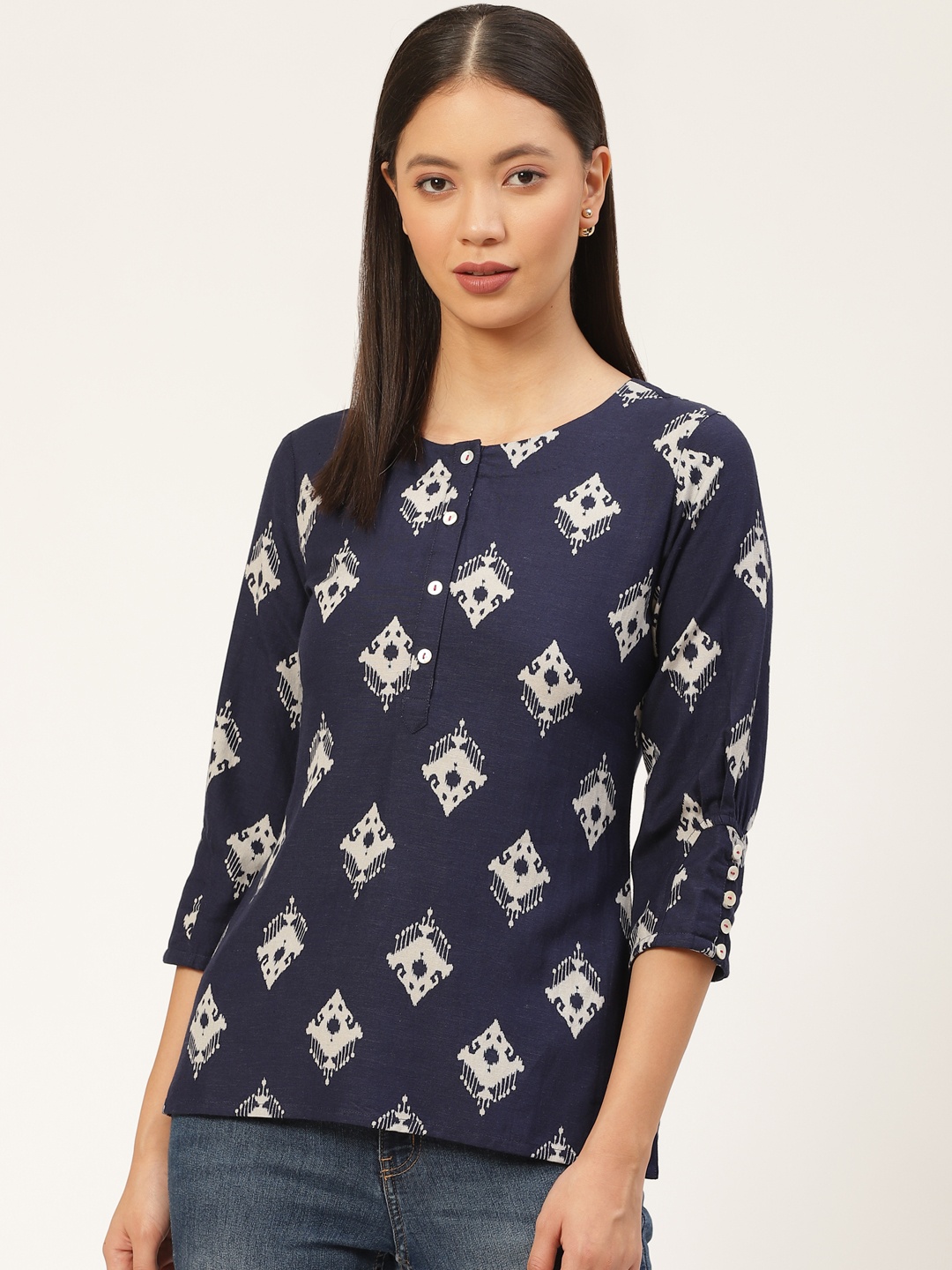 

fabGLOBAL Women Navy Blue & Off-White Printed Top