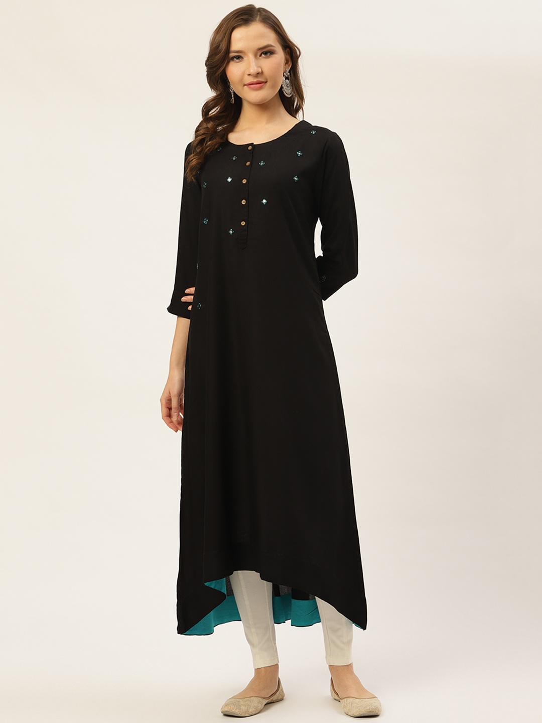 

fabGLOBAL Women Black Embroidered Detail Asymmetric A-Line Kurta