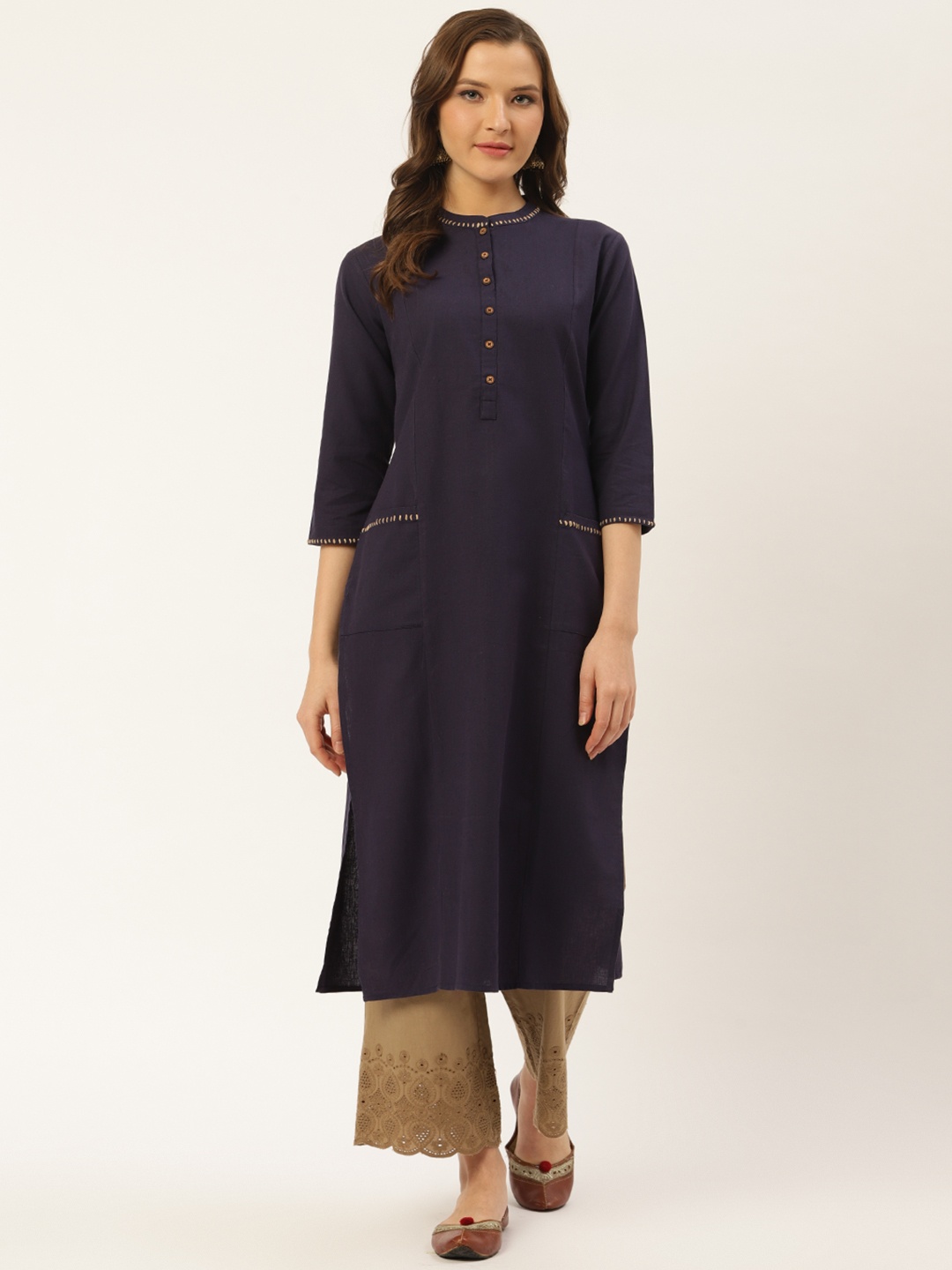 

fabGLOBAL Women Navy Blue Solid Straight Kurta