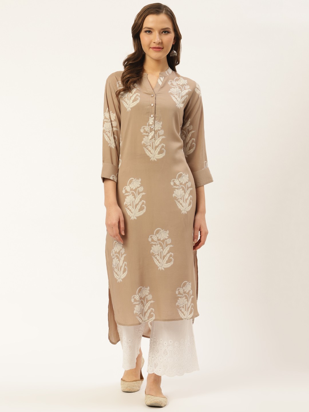 

fabGLOBAL Women Taupe & Off-White Printed Straight Kurta