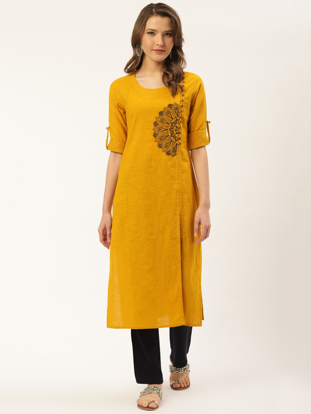 

fabGLOBAL Women Mustard Yellow Embroidered Detail Straight Kurta
