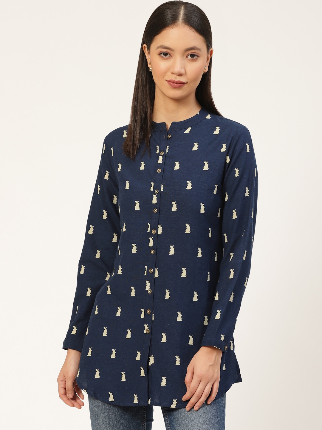 

fabGLOBAL Women Navy Blue & Off-White Rabbit Print Tunic