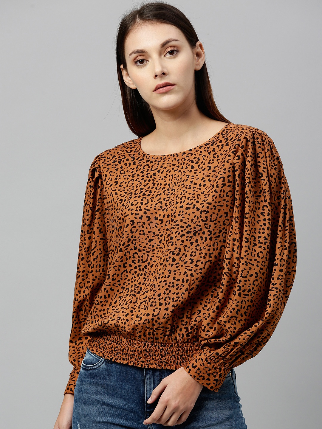 

SCOUP Women Brown & Black Animal Print Blouson Top With Smocked hem & Puffed Sleeves