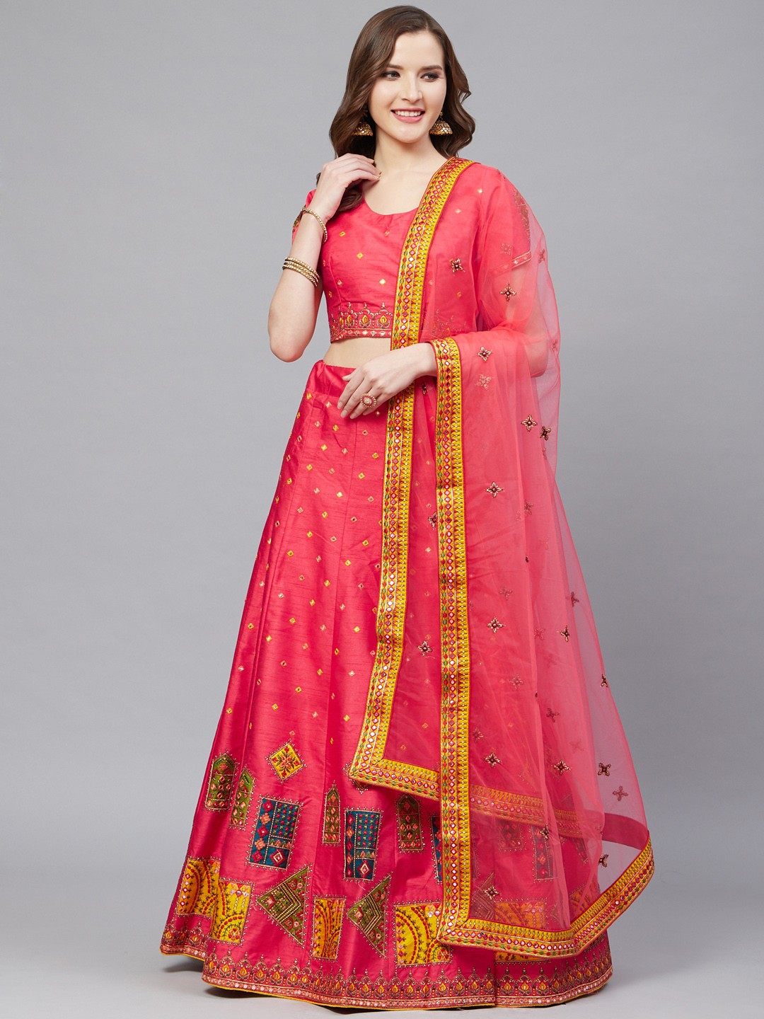 

Mitera Coral & Yellow Embroidered Semi-Stitched Lehenga & Unstitched Blouse with Dupatta