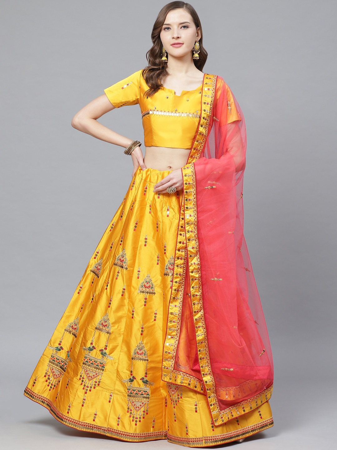 

Mitera Mustard & Pink Embroidered Semi-Stitched Lehenga & Unstitched Blouse with Dupatta