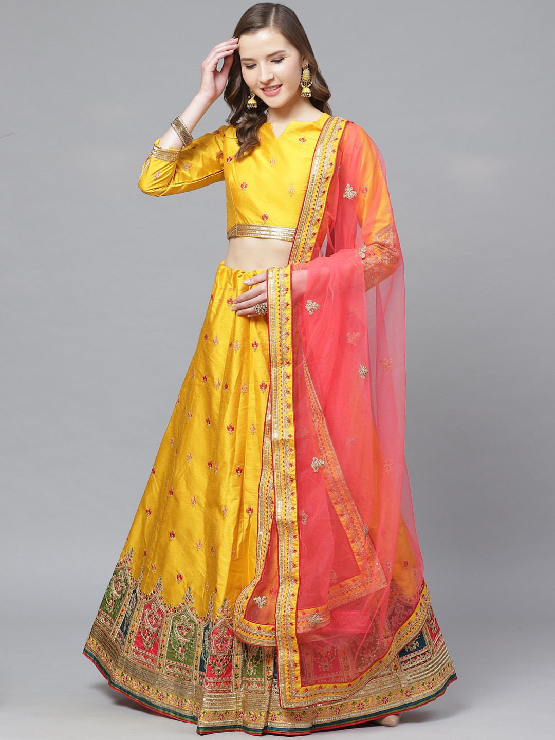

Mitera Mustard & Pink Embroidered Semi-Stitched Lehenga & Unstitched Blouse with Dupatta