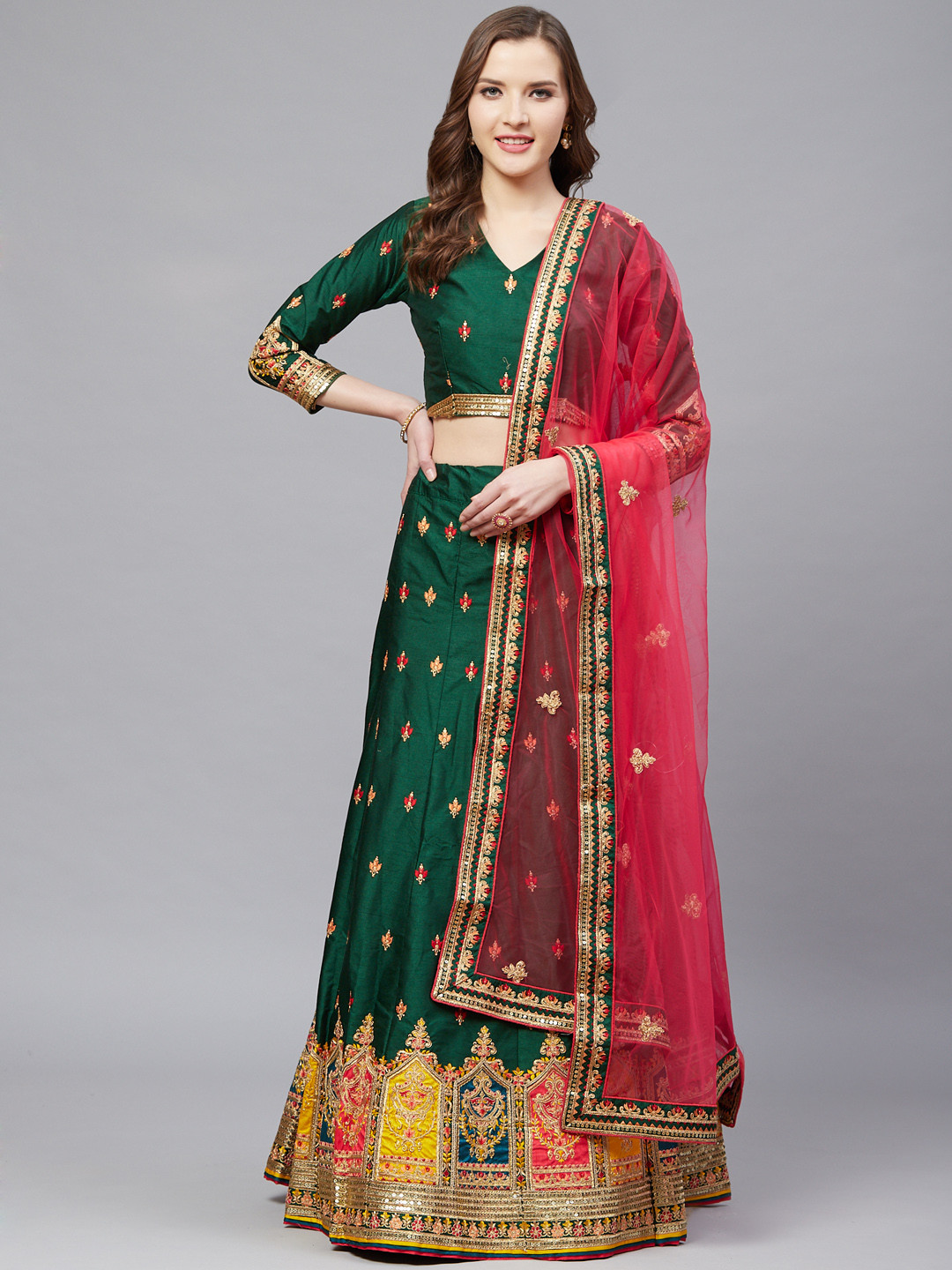 

Mitera Green & Pink Embroidered Semi-Stitched Lehenga & Unstitched Blouse with Dupatta