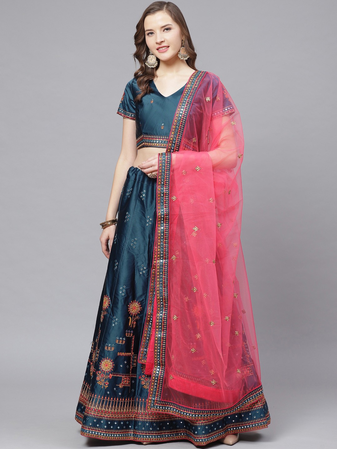 

Mitera Teal Blue & Pink Embroidered Semi-Stitched Lehenga & Unstitched Blouse with Dupatta