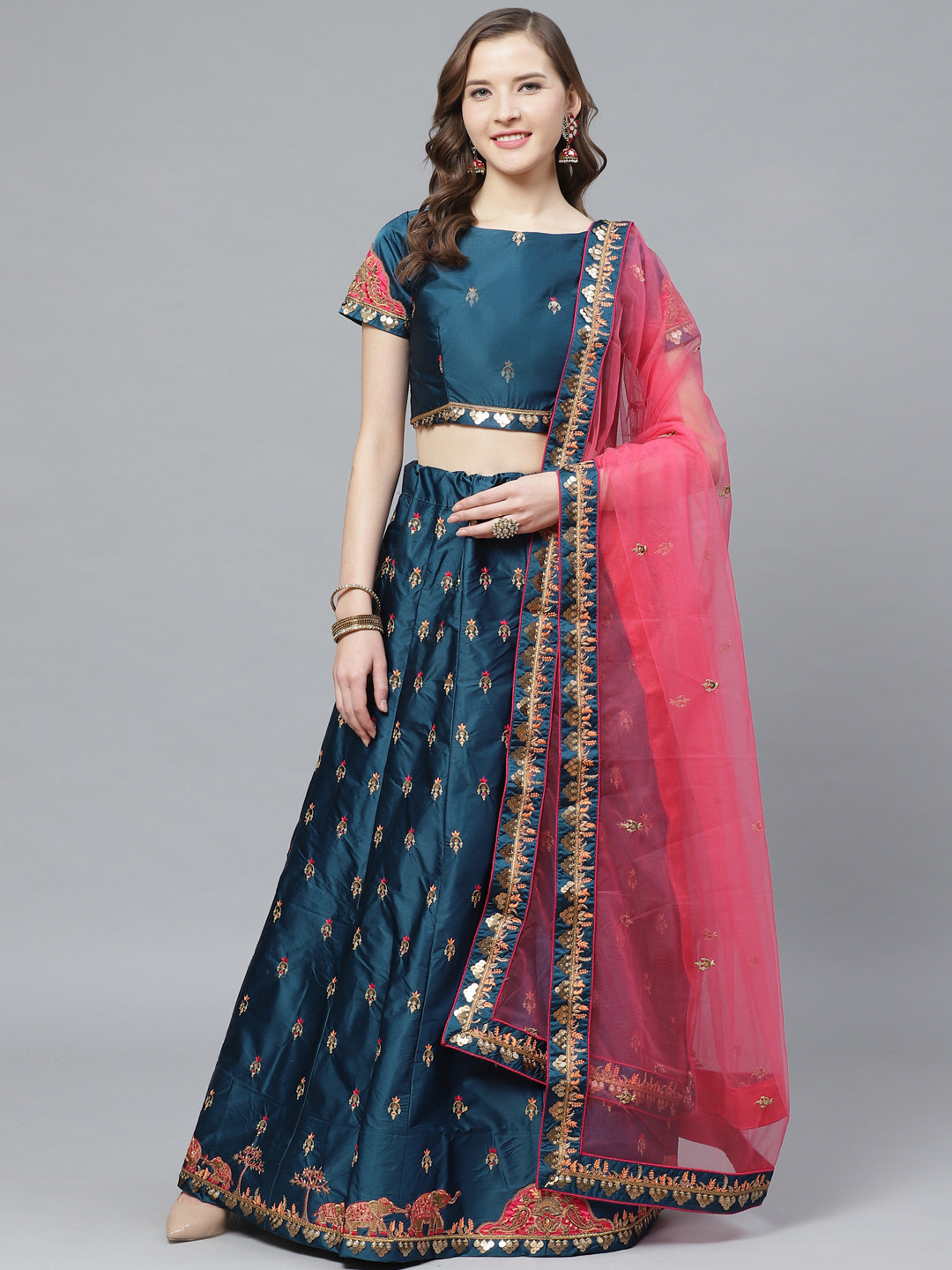 

Mitera Teal Blue & Pink Embroidered Semi-Stitched Lehenga & Unstitched Blouse with Dupatta
