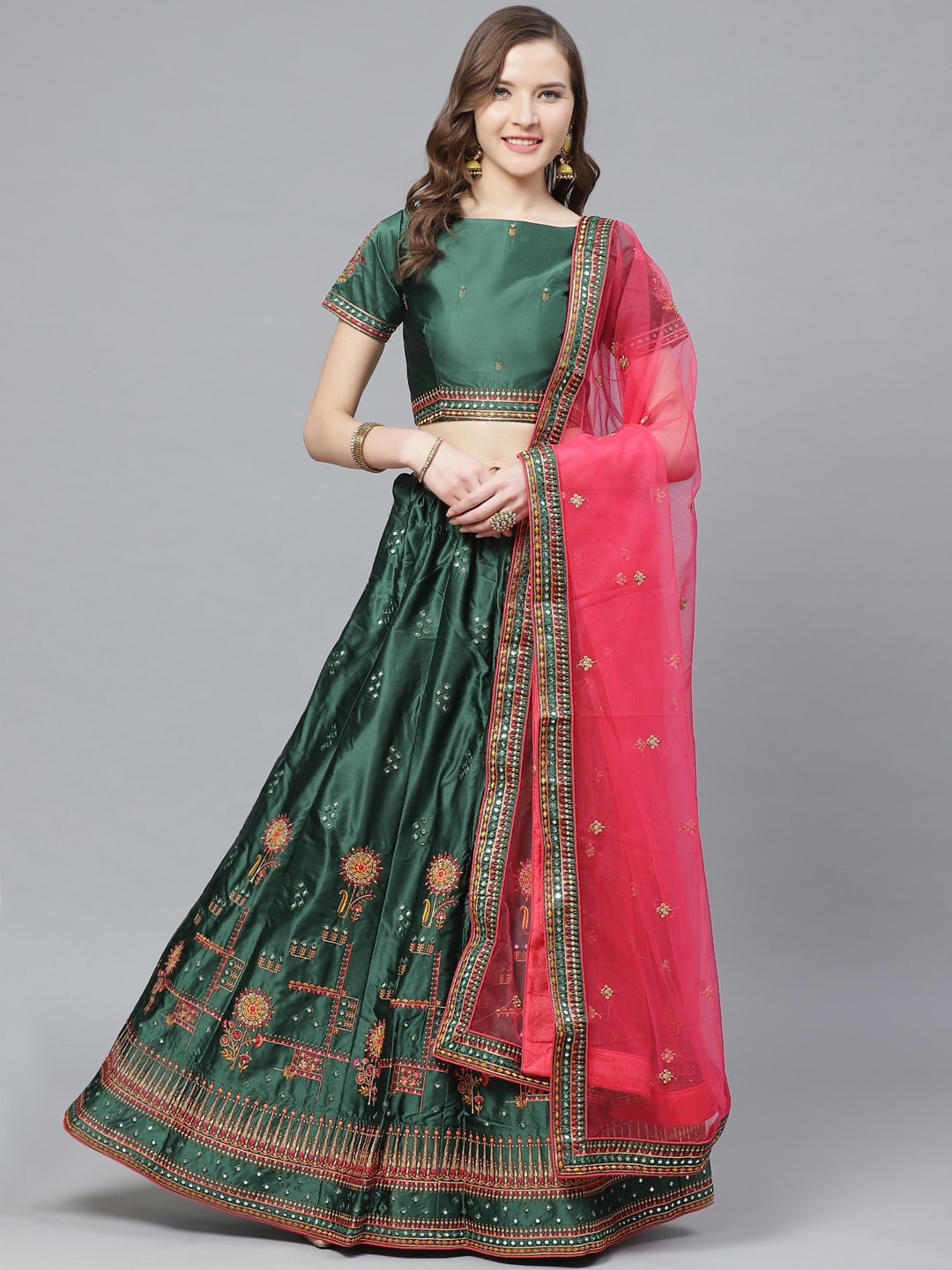 

Mitera Green & Pink Mirroe Work Semi-Stitched Lehenga & Unstitched Blouse with Dupatta